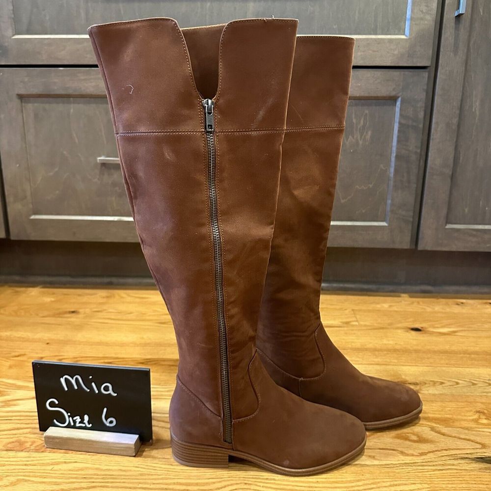 New Womens MIA Carsyn Brown Faux Leather Zip Over The Knee Boots Size 6 M